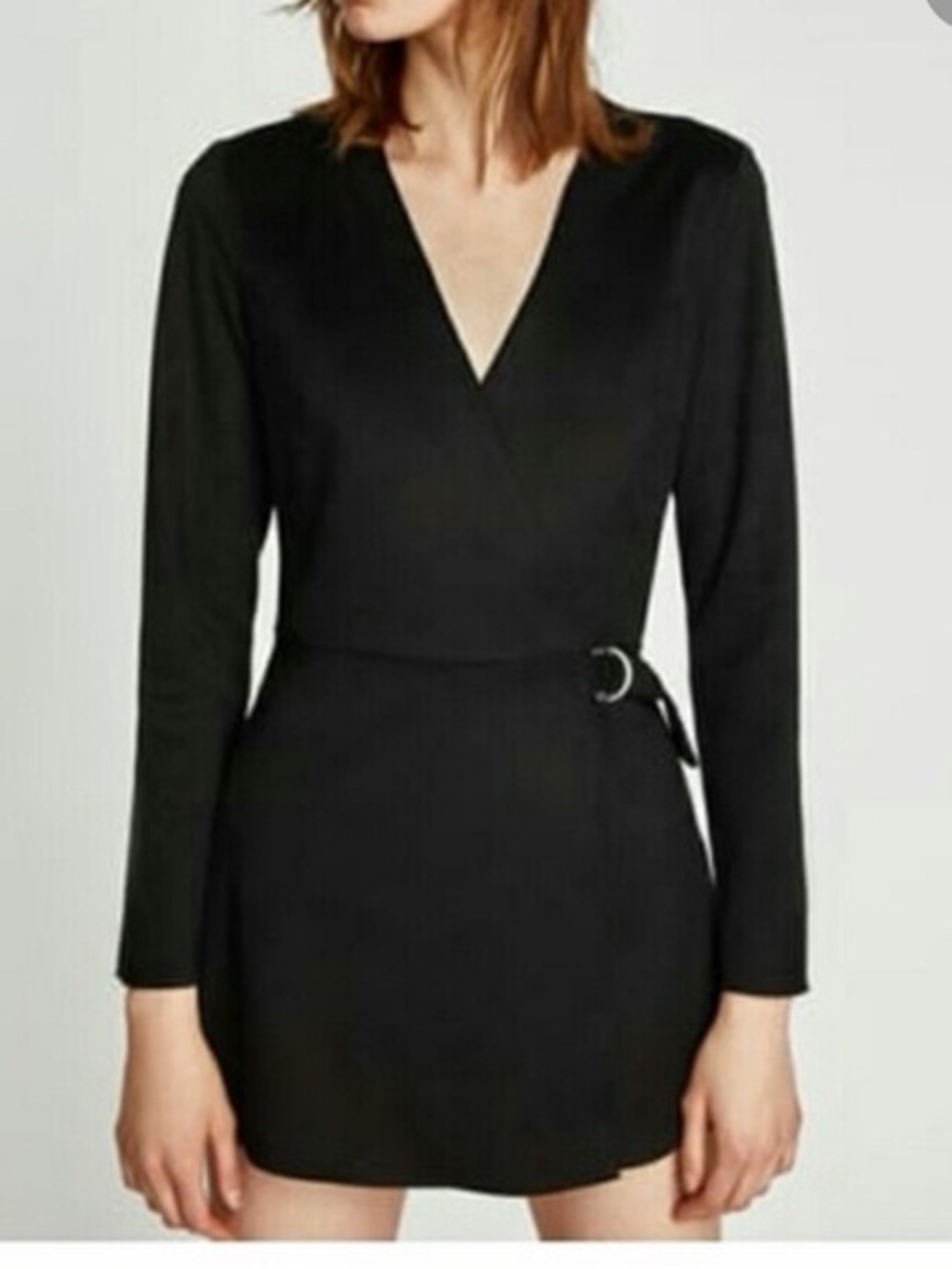 Zara Black V-Neck Long Sleeve Mini Dress with Buckle Detail
